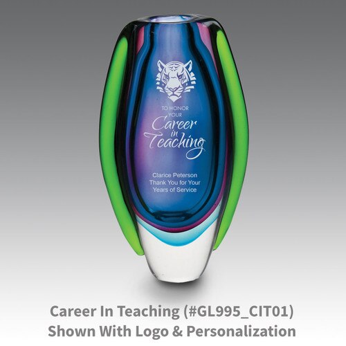 blue glass vase with career in teaching message