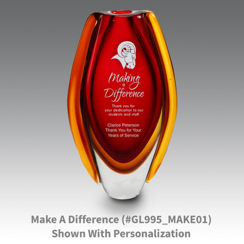 red glass vase with making a difference message