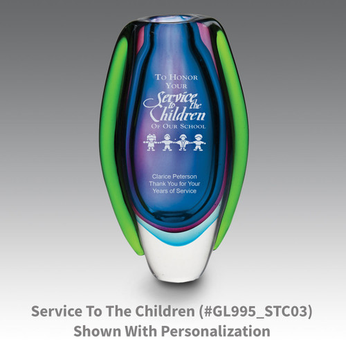 blue glass vase with service to the children message