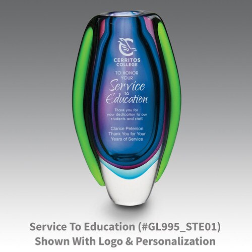 blue glass vase with service to education message