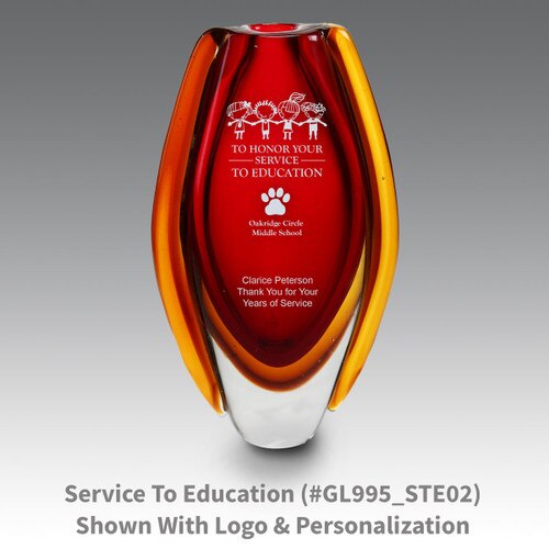 red glass vase with service to education message