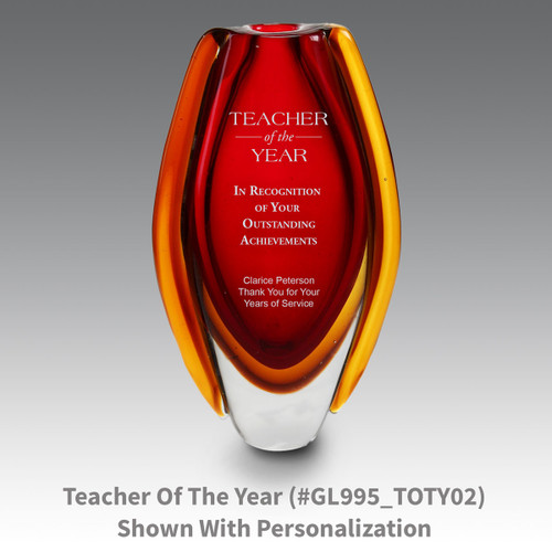 red glass vase with teacher of the year message