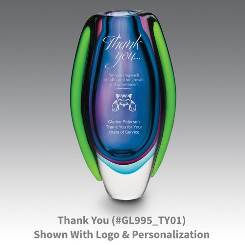 blue glass vase with thank you message