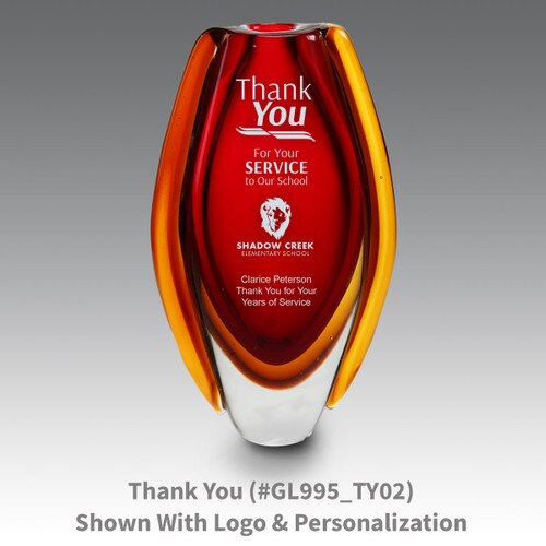red glass vase with thank you message
