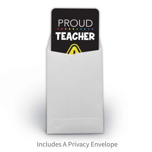 proud teacher student praise card partly inserted into a white envelope