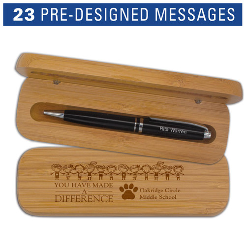 bamboo pen case set with you have made a difference message and personalized black pen