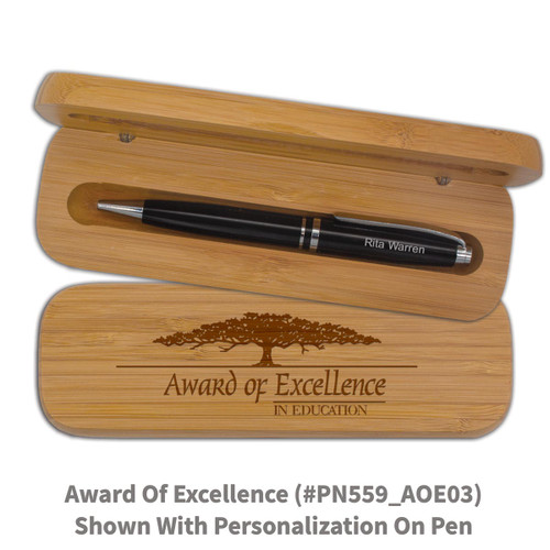 bamboo pen case set with award of excellence message and personalized black pen