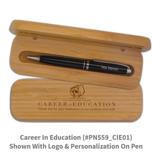 bamboo pen case set with career in education message and personalized black pen