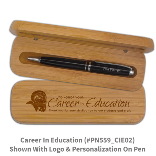 bamboo pen case set with career in education message and personalized black pen