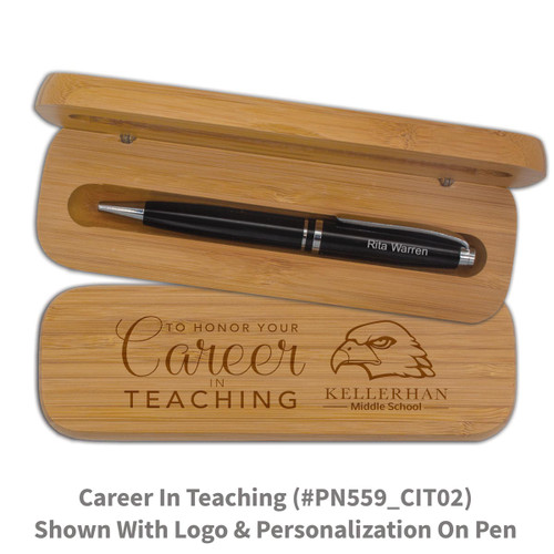 bamboo pen case set with career in teaching message and personalized black pen