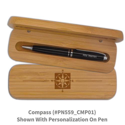 bamboo pen case set with compass design and personalized black pen