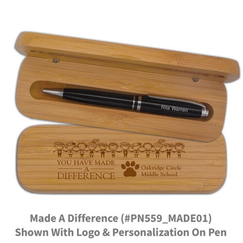 bamboo pen case set with you have made a difference message and personalized black pen