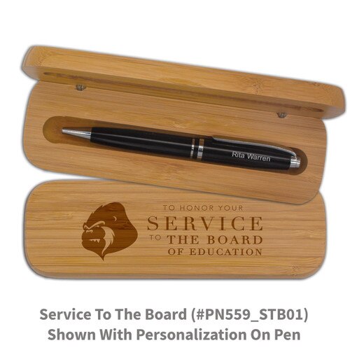 bamboo pen case set with service to the board message and personalized black pen