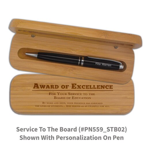 bamboo pen case set with award of excellence message and personalized black pen
