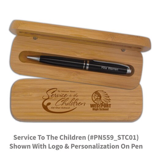 bamboo pen case set with service to the children message and personalized black pen