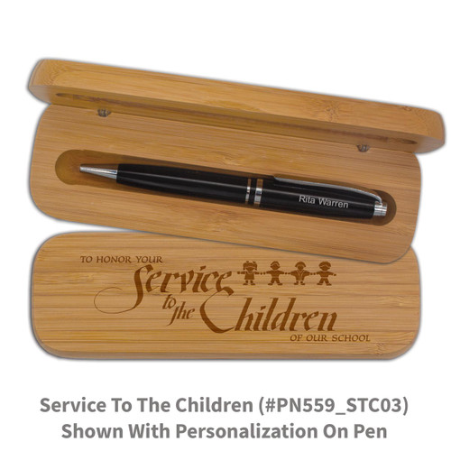 bamboo pen case set with service to the children message and personalized black pen