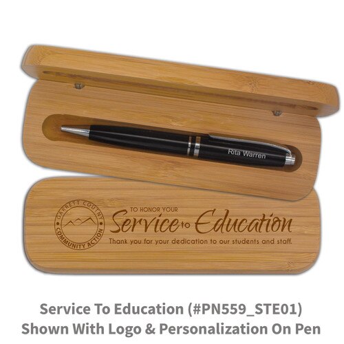 bamboo pen case set with service to the education message and personalized black pen