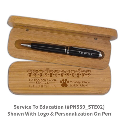 bamboo pen case set with service to the education message and personalized black pen