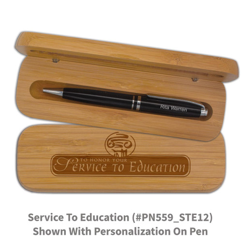 bamboo pen case set with service to the education message and personalized black pen