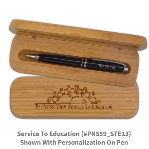 bamboo pen case set with service to the education message and personalized black pen