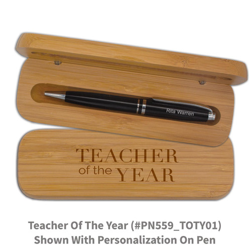 bamboo pen case set with teacher of the year message and personalized black pen