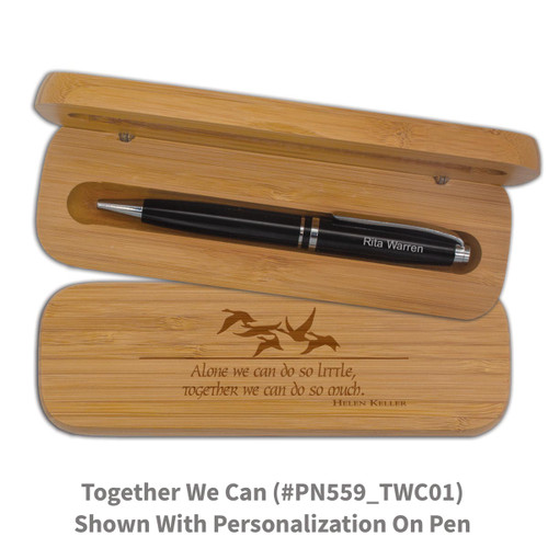 bamboo pen case set with together we can message and personalized black pen