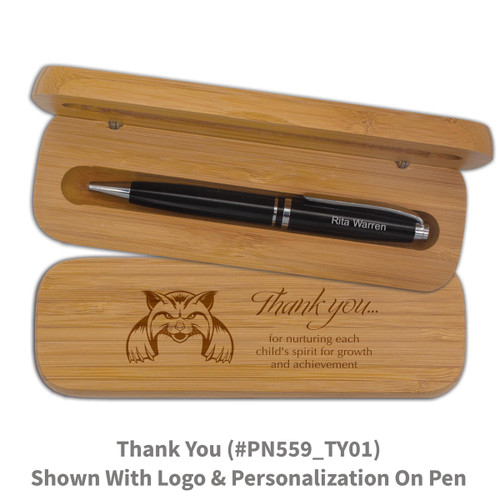 bamboo pen case set with thank you message and personalized black pen