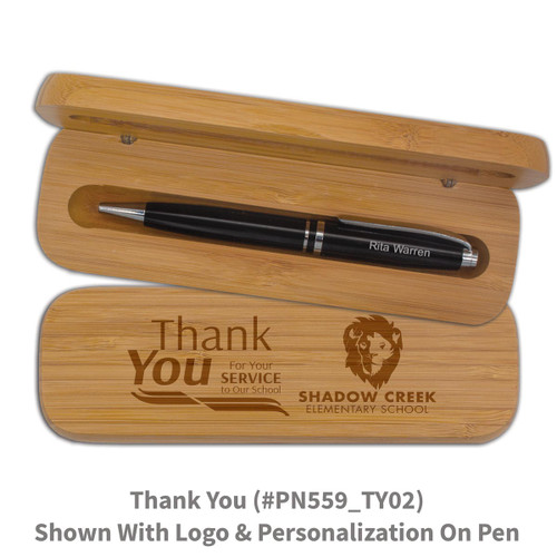 bamboo pen case set with thank you message and personalized black pen