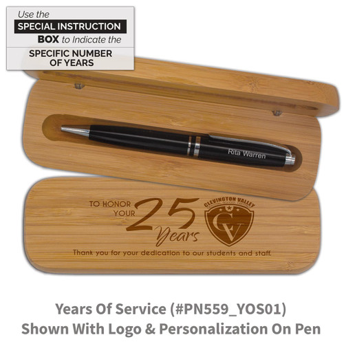 bamboo pen case set with years of service message and personalized black pen