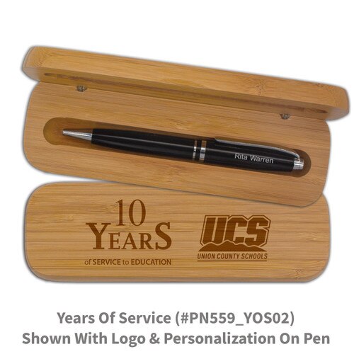 bamboo pen case set with years of service message and personalized black pen