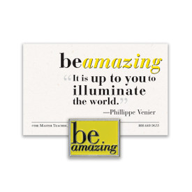 be amazing lapel pin with yellow background and message card