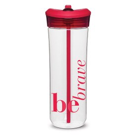 clear plastic water bottle with red flip-up spout and be brave message