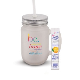 12 oz. Frosted Mason Jar with metal lid and white straw. Features the inspirational BE message.