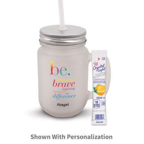 frosted mason jar with be collection message and lemonade packet