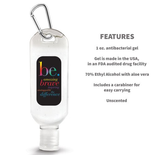 Be Collection Hand Sanitizer with carabiner and product features