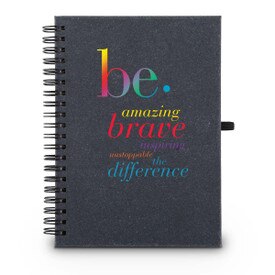 Hardbound spiral journal. Sticky notes, flags inside. Cover reads: Be. amazing, brave, inspiring, unstoppable, the difference