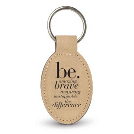 light brown oval leather keychain with be collection message
