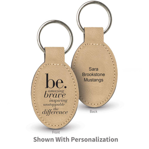 light brown oval leather keychains with be collection message and personalizaton