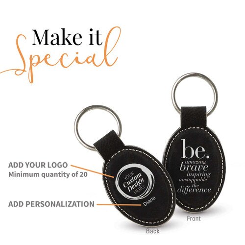 black oval leather keychain with be collection message and add you logo