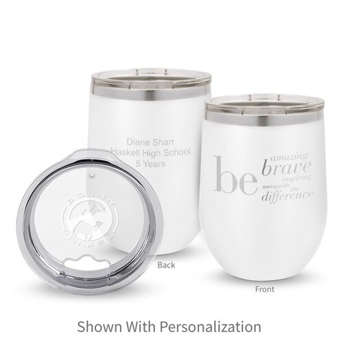 white 12 oz. stainless steel tumblers with be collection message and personalization
