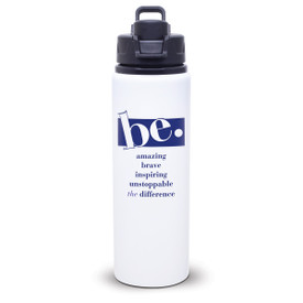 white aluminum water bottle with be message and snap-fit lid with handle