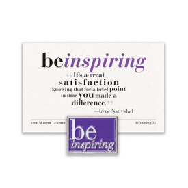 be inspiring lapel pin with purple background and message card