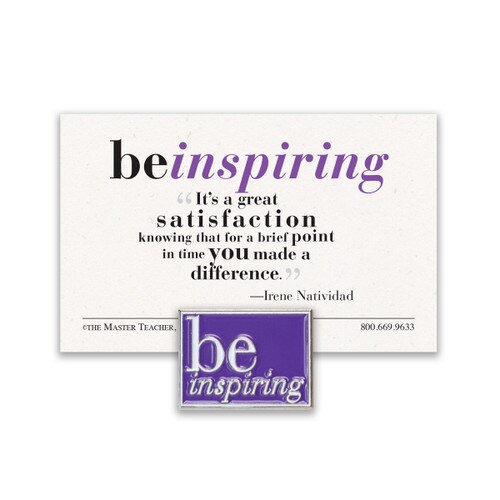 be inspiring lapel pin with purple background and message card