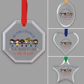 different shapes of crystal ornament with be the change message and satin ribbon