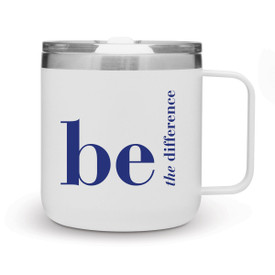 white 12 oz. stainless steel mug with be the difference message