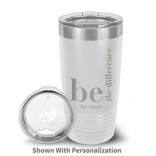 white stainless steel tumbler with be the difference message and personalization