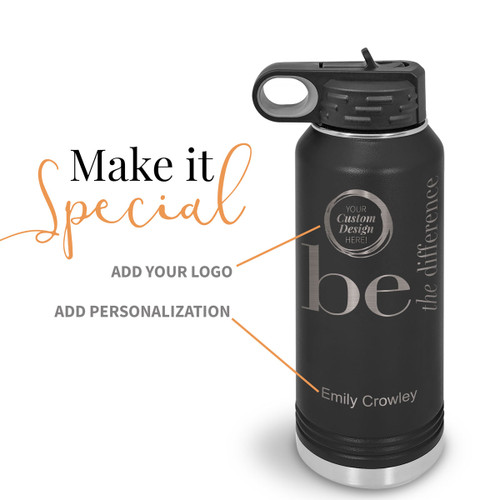 black be the difference 32 oz stainless steel water bottle with add your logo and personalization