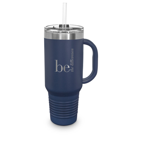 40 oz. stainless steel travel tumbler with handle and straw featuring be the difference message.