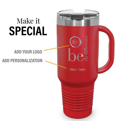 red be the difference 40 oz stainless steel travel tumbler with personalization and add your logo
