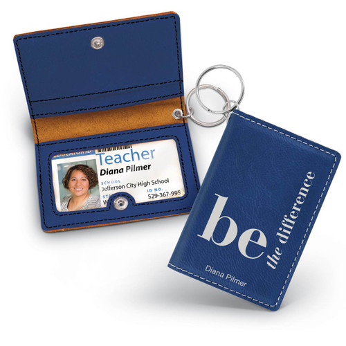 blue leather id holder with be the difference message